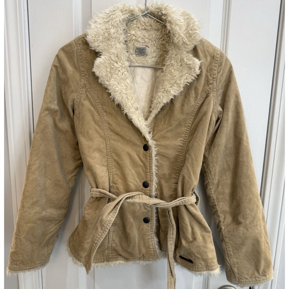 Vtg Y2K Abercrombie & Fitch Jacket Sz M Faux Fur Lined Corduroy Belted Lined